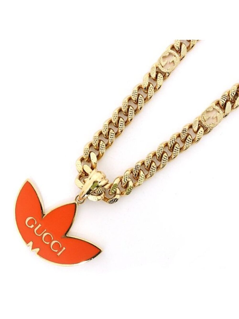 Gucci Adidas Trefoil Pendant Golmette Chain Necklace Orange Gold Rank